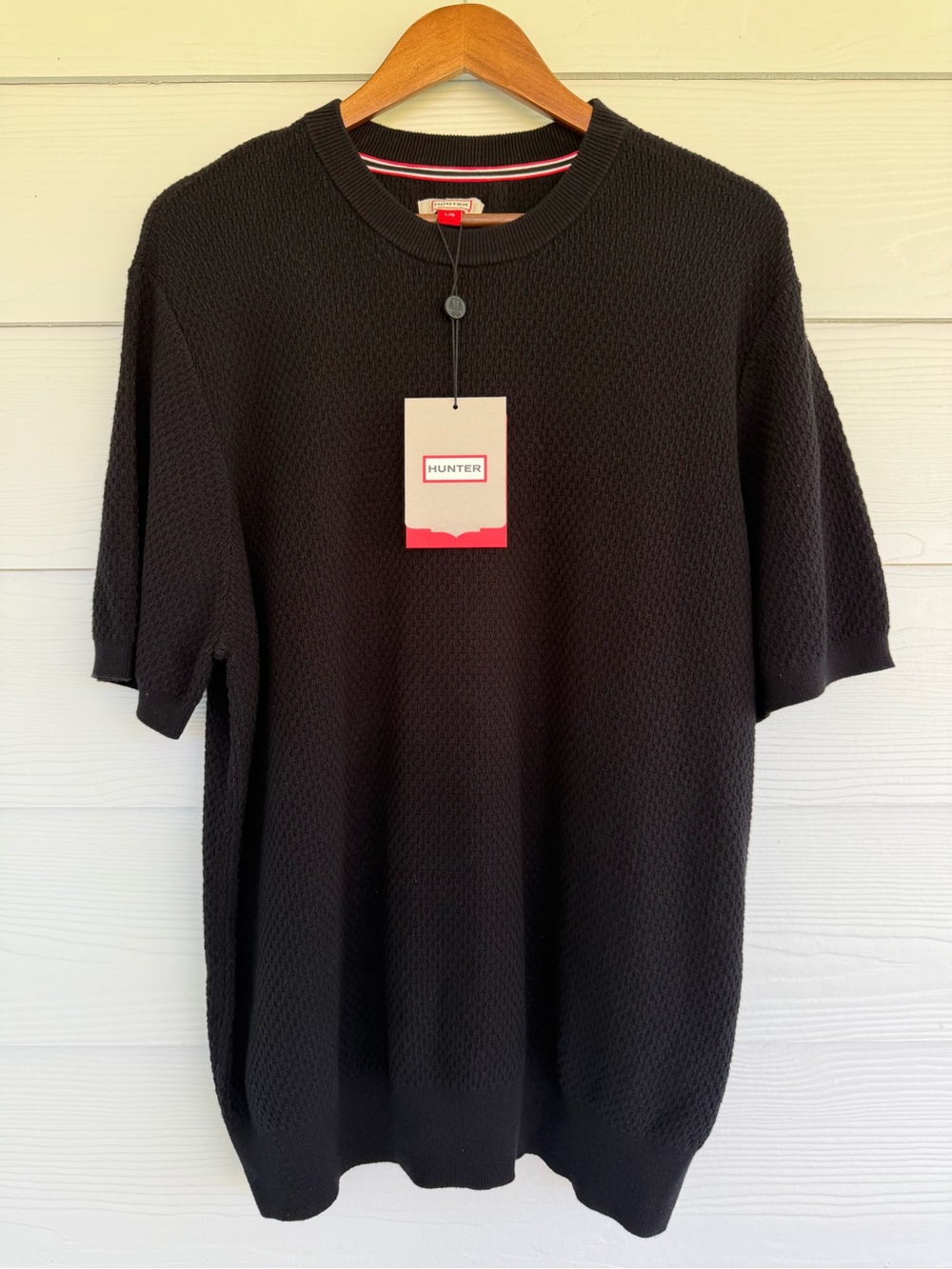 Hunter Men’s L Black 100% Cotton Textured Knit Short Sleeve Sweater Shirt NWT